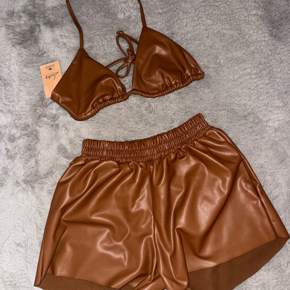 Brown Faux Leather Bralette and Shorts Set